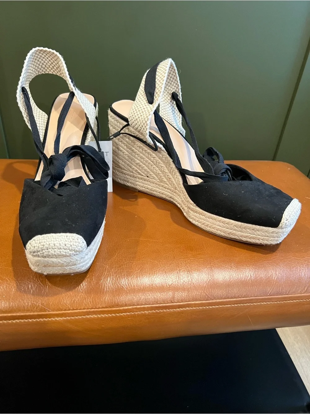 Ann Taylor Loft Black Suede Espadrille Wedge Ankle-Tie Sandals - NEVER WORN!